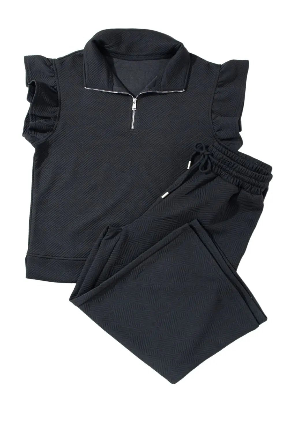 Black Textured Flutter Sleeve Top Wide Leg Pants Set - Love Salve